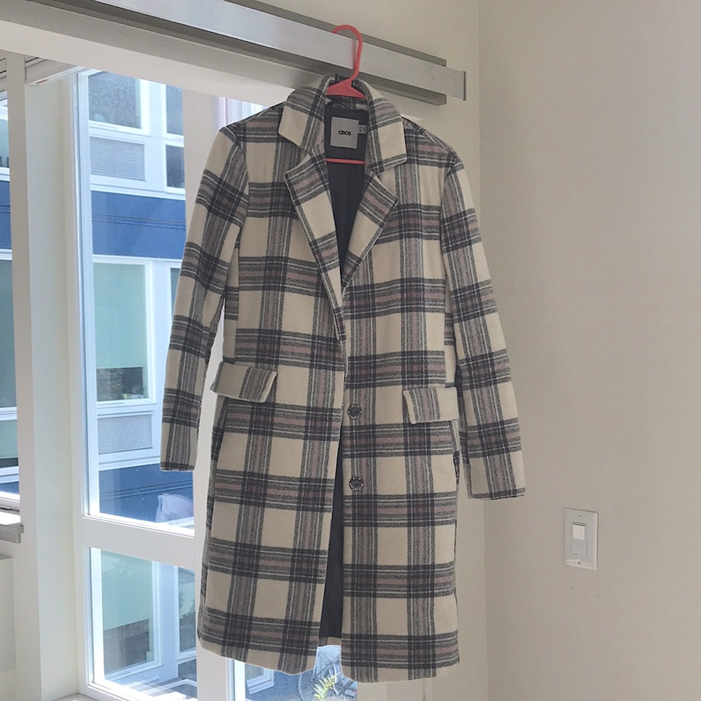 Excellent Quality 78% wool ASOS jacket. Grey, cream, pink check. Fully lined.